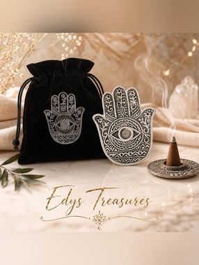 Hamsa Hand Incense & Cone Holder + Velvet Drawstring Bag NWOT